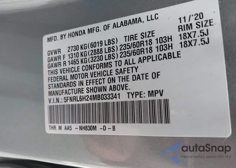 2021 Honda Odyssey Lx из США, поврежденный, VIN 5FNRL6H24MB033341